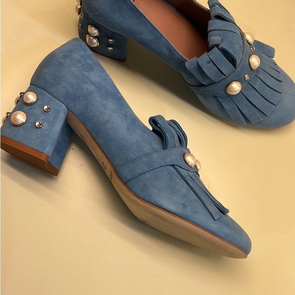 GIANNA MELANI MADE IN ITALY SUEDE LEATHER Dusty Blue Fringe shoes - Picture 10 of 11